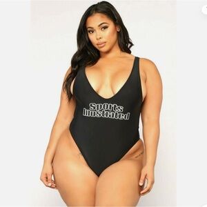 NWT Sports Illustrated Women's Black One Piece V Neck SI Logo Swimsuit, Size 16